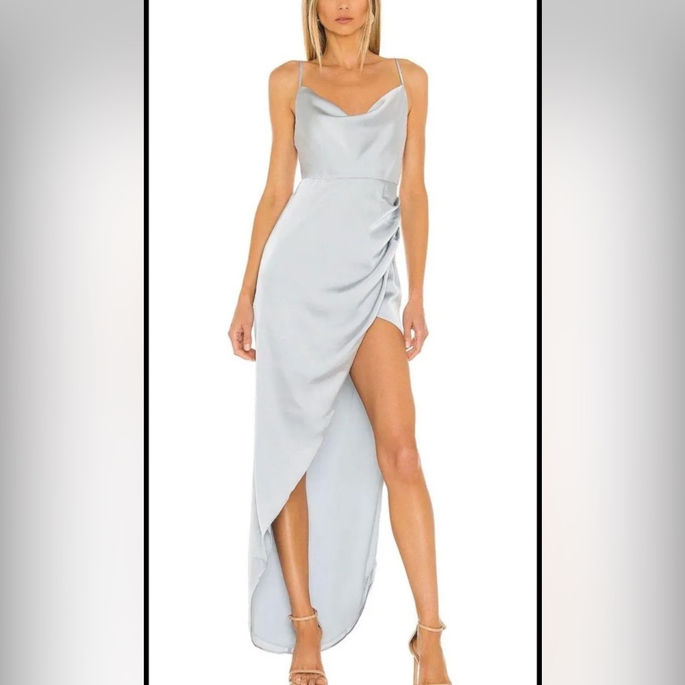 NBD Silver Asymmetrical Ruched Slip Dress